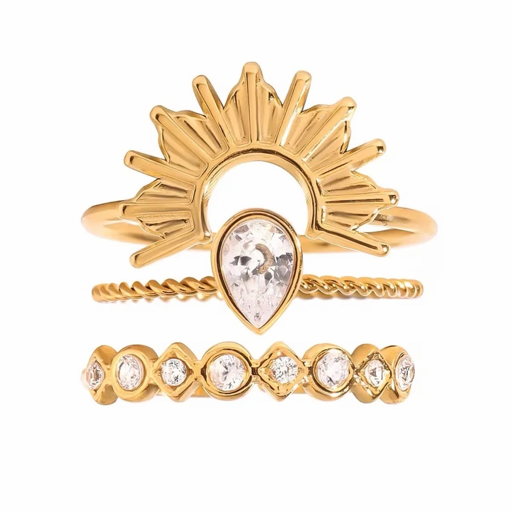 SIZE 7 | 18K Gold Plated CZ Sunburst Stackable Ring Set